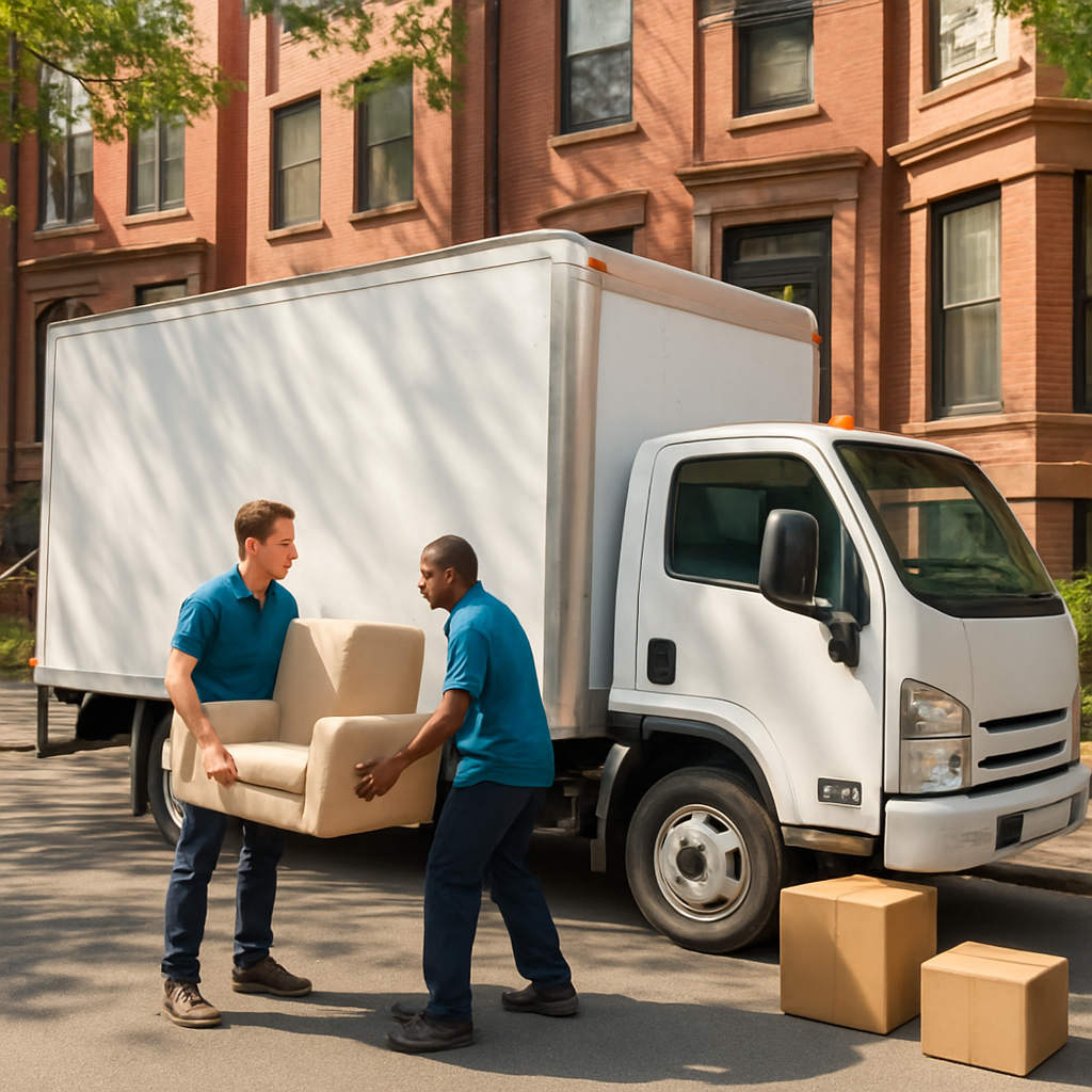 BostonHaul movers carrying furniture into a moving truck on a Boston brownstone street